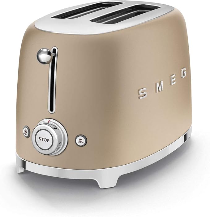 SMEG 2 Slice Toaster with 6 Presets and Defrost Function and Removable Crumb Tray TSF01CHMUS, Matte Champagne
