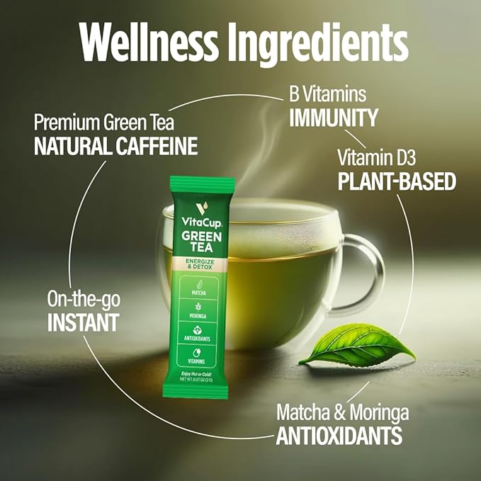 VitaCup Green Tea Instant Packets, Enhance Energy & Detox with Matcha, Moringa, B Vitamins, D3, Fiber, Keto, Paleo, Vegan in Tea Powder Single Serving Sticks, 10 Ct