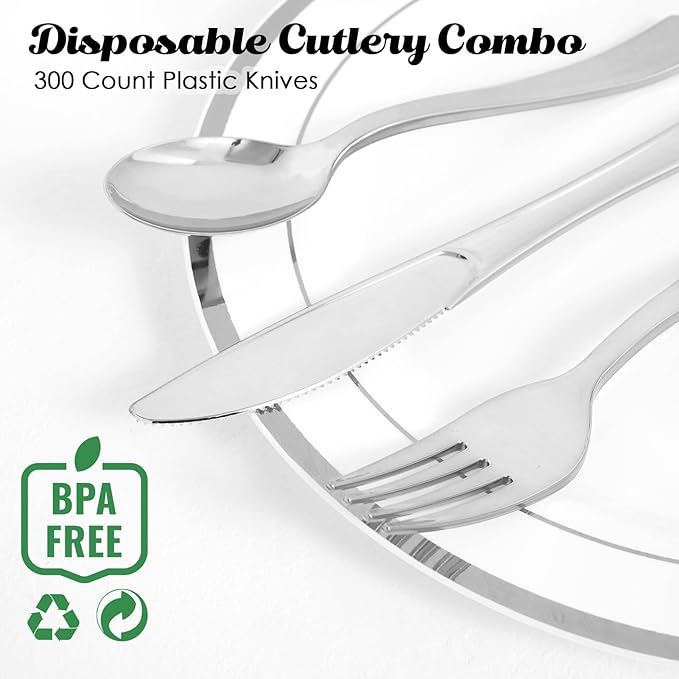 FOCUSLINE 300 Pack Disposable Silver Plastic Knives, Solid and Durable Plastic Cutlery Knives, Heavy Duty Disposable Utensil Silverware for Catering, Parties, Dinners, Weddings