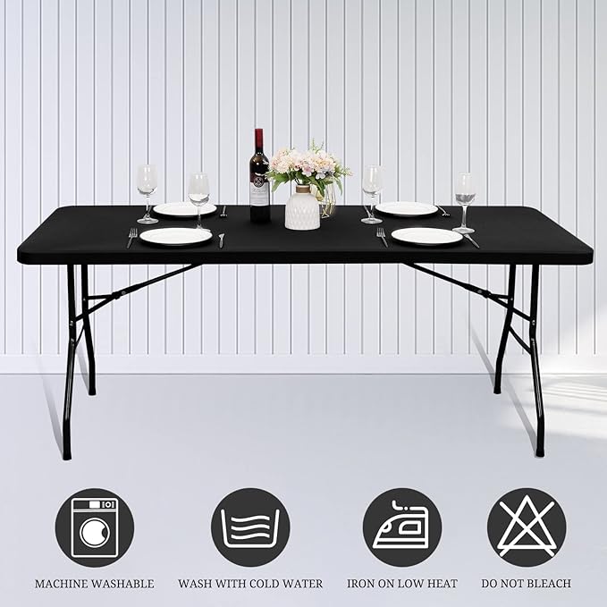 6 Pack Stretch Fabric Table Top Cap Cover, fits 8' Tables, Spandex Table Covers Washable Elastic Universal Rectangle Tablecloth Protector for Indoor Outdoor Party Picnic Wedding, Black, 30" W x 96" L