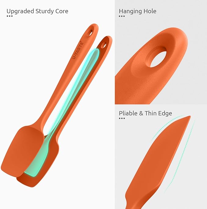 U-Taste Silicone Spatula Set: 600ºF High Heat Resistant, Seamless Food Grade Flexible Rubber Kitchen Cooking Mixing Baking Scraper for Nonstick Cookware Set of 3 (Orange)