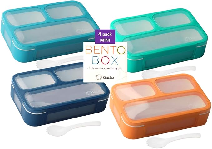 Snack Containers - SMALL Bento Lunch Boxes for Kids Girls Boys | MINI Leak-proof Box, Portion Container for School | Blue Navy Aqua Orange 4 Pack