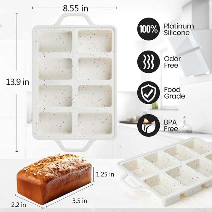 CAKETIME Mini Loaf Pans, Metal Reinforced Frame Silicone Bread Loaf Pans 8 Cavities Nonstick for Baking Cornbread, Mini Bread, Brownie, Cheesecake, Chocolate 2 Pack Confetti