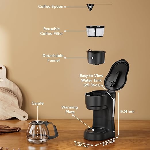 Compact 5-Cup Coffee Maker: Featuring Brew-Pause Technology, a Permanent Filter, and Simple One-Touch Operation. Enjoy Auto Keep-Warm Coffee, Perfect for Home/Office/Outside-Black.