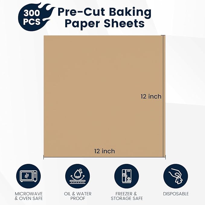 300 PCS Parchment Paper Sheets 12x12 Inch, Unbleached Parchment Paper for Baking, Non-Stick Precut Parchment Sheets for Baking Grilling Frying Steaming