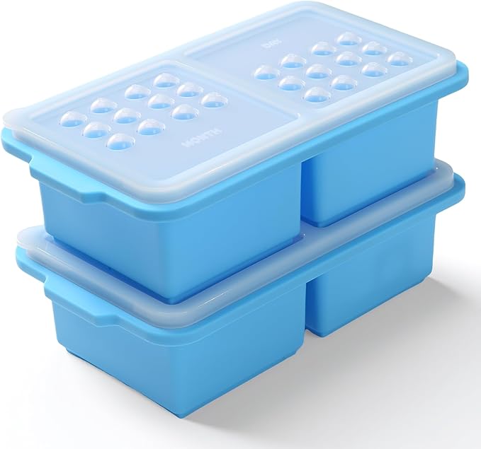 2 Cup Silicone Freezer Tray Ice Cubes with Lids and Date Mark for Storing Lasagna Leftovers Sauces Portioned Meals and More, Silicone Soup Freezer Molds for Meal Prepping 2 Pack Blue