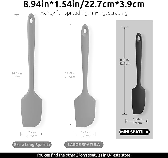 U-Taste Small Mini Silicone Spatula: 9×2inch 600ºF Heat-Resistant Food-Grade Jar Scraper for Kitchen Use, Non-Stick Seamless Flexible Baking Utensil for Mixing, Scraping Jam in Bowl or Cup (Black)