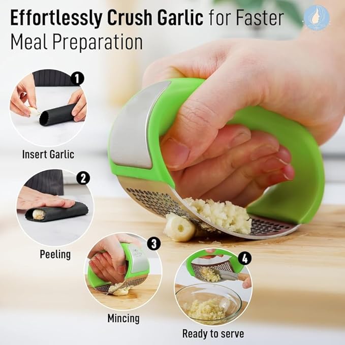 Angel's Peel Lounge Stainless Steel Garlic Press Rocker Set with Silicone Garlic Peeler & Cleaning Brush – Garlic Chopper, Mincer, Grater, Crusher – Easy for Crushed Cloves – Rust-Resistant, Green