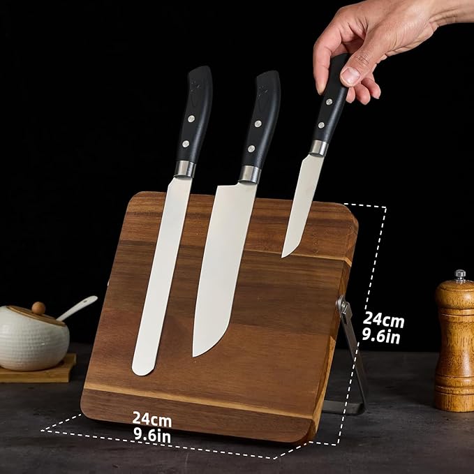 Double-Sided Magnetic Knife Block, Acacia Wood Kitchen Knife Holder, Universal Storage Organizer