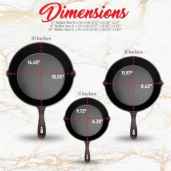 NutriChef Pre-Seasoned Cast Iron Skillet Pans - 3 Pieces Kitchen Frying Pan Nonstick Cookware Set w/Drip Spout - Includes Scraper - Electric Stovetop, Induction, Gas Range, Ceramic - NutriChef NCCI76