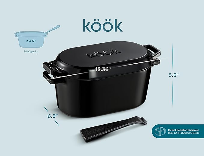 Kook Dutch Oven with Lid, Sourdough Bread Baking Supplies, Banneton Bread Proofing Set, Dual Handles, Enameled Cast Iron, Great for Baking Bread, 3.4 Qt, Artisan Sourdough Bread Making Kit, 9.8 Inch Rattan Baskets and Liners, Oval