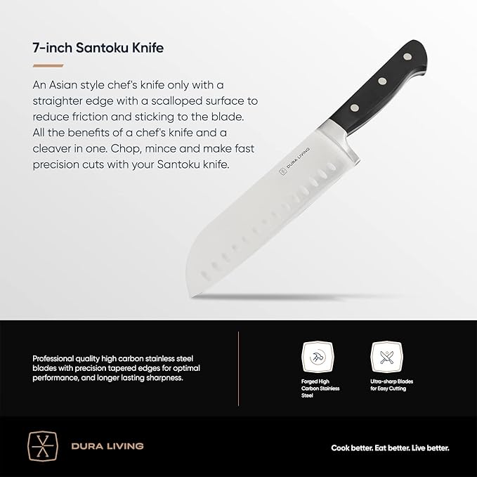 DURA LIVING 7-Inch Santoku Knife - Razor-Sharp High-Carbon Stainless Steel Blade, Forged Ergonomic Riveted Handle, Chef Knife for Chopping, Slicing & Dicing, Multipurpose Kitchen Knife, Home Chef