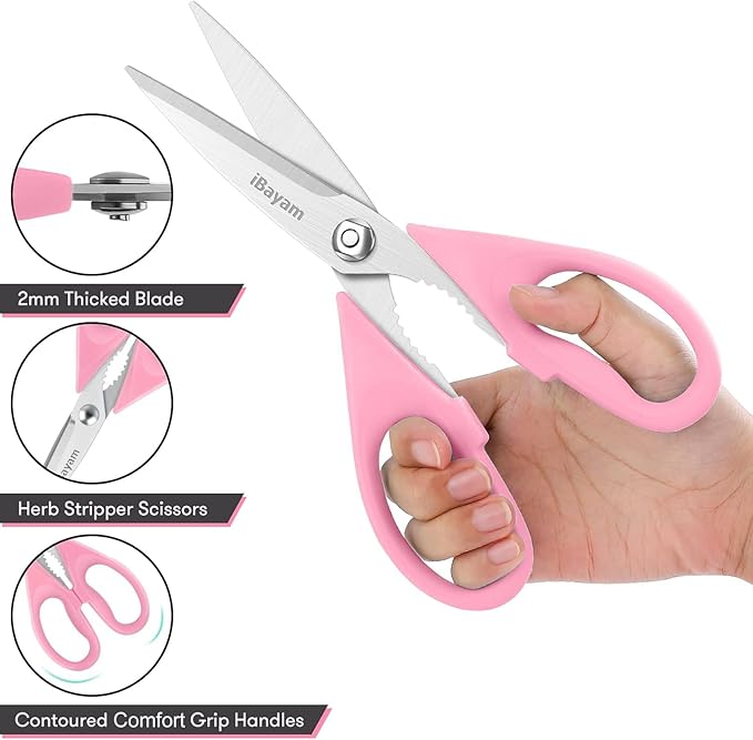 Gifts for Women, Mom, Wife, Her - Couple, Happy Birthday, Wedding Gifts, Christmas Day, Housewarming Gifts, iBayam Kitchen Scissors Heavy Duty Meat Poultry Shears Dishwasher Safe, Pink Stuff