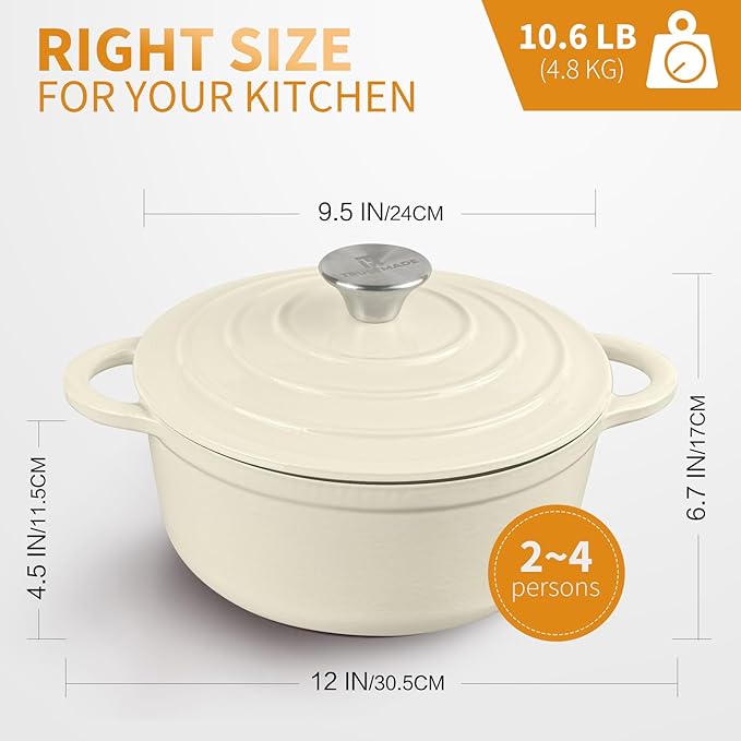 Trustmade 4.5 QT Cast Iron Dutch Oven, Enamel Coated Cookware Pot with Self Basting Lid for Home Baking, Braiser, Cooking, White