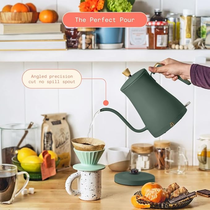 Beautiful 1L Electric Gooseneck Kettle, Precision Pour Spout, 1200W Fast Boil, Auto Shut-Off, Cordless, Stainless Steel, Tea & Coffee Maker with Ergonomic Handle, Thyme Green