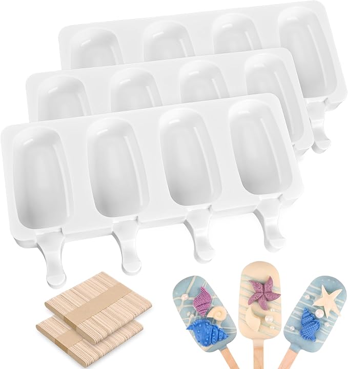 Sakolla Mini Popsicle Silicone Molds, 4 Cavities Homemade Ice Cream Molds with 100 Wooden Sticks for Ice Pop, Cakesicles, Cake Pop (Set of 3, White)