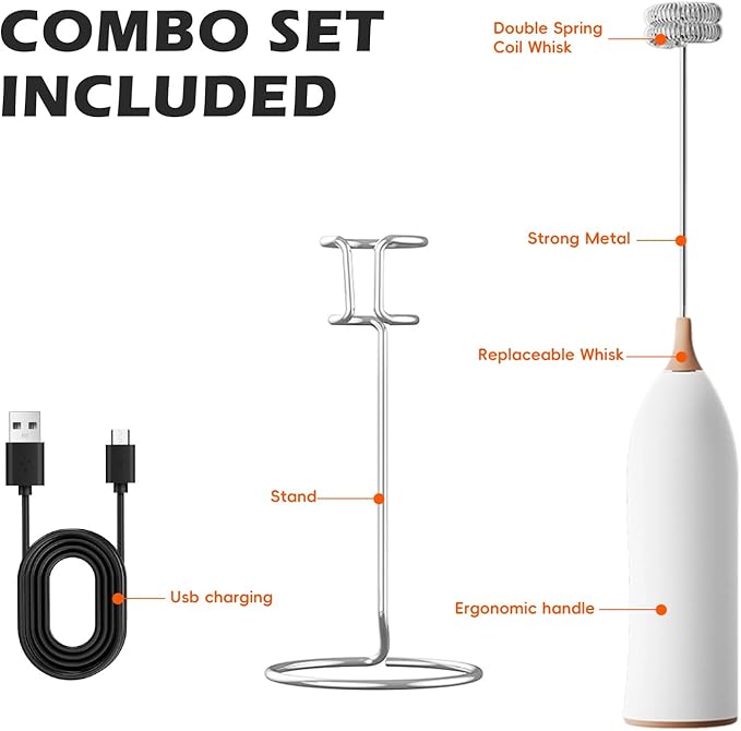 Electric Milk Frother-Handheld Drink Mixer - Electric Whisk Foam Maker for Coffee, Lattes, Cappuccino, Matcha, Hot Chocolate & Creamer (Stand with USB Rechargeable, white)