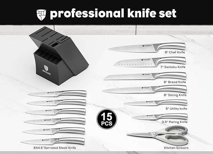 BRODARK Knife Block Set: Kitchen Knives Set with Block and Sharpener, 15 Pcs Ultra Sharp Chef knife, High Carbon Stainless Steel, Ergonomic Handle Non-Slip Grip, Silver Wolf Series for Christmas Gift