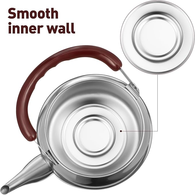 LIFKOME Traditional Stainless Steel Heavy Duty Tea Kettle With Sandwich Bottom and Specialty Cool Touch Handling Mirror Finish Stainless Steel Whistling Tea Kettle Stove Top