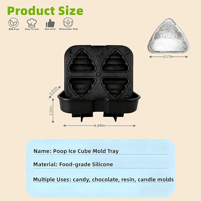 Poop Ice Cube Mold - Large 4-Cube Funny Prank Ice Molds for Cocktails, Whiskey & Parties | Novelty Ice Trays for Poop Soap & Gags