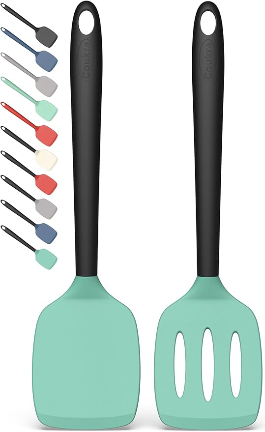 Coukre 2 Pack Silicone Spatula Set, High Heat Resistant, BPA Free Kitchen Spatula, Solid & Slotted Turner for Non-Stick Pans, Sautéing, and Flipping (2, AquaGreen)