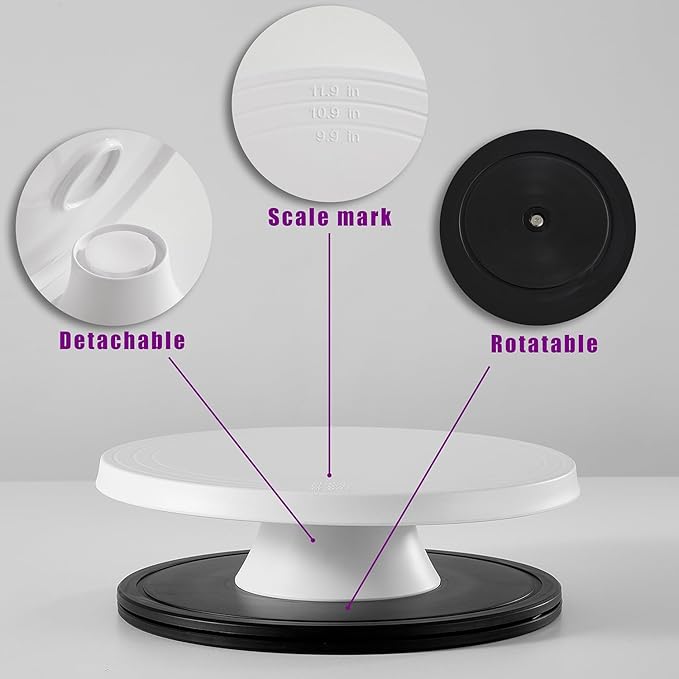Cake Stand, 12'' Rotating Cake Turntable Revolving Cake Spinner Stand Cake Decorating Kit Display Stand Bamboo Fiber Turns Smoothly Painting Turn Table Stand for Pastries, Cupcakes(White, L)