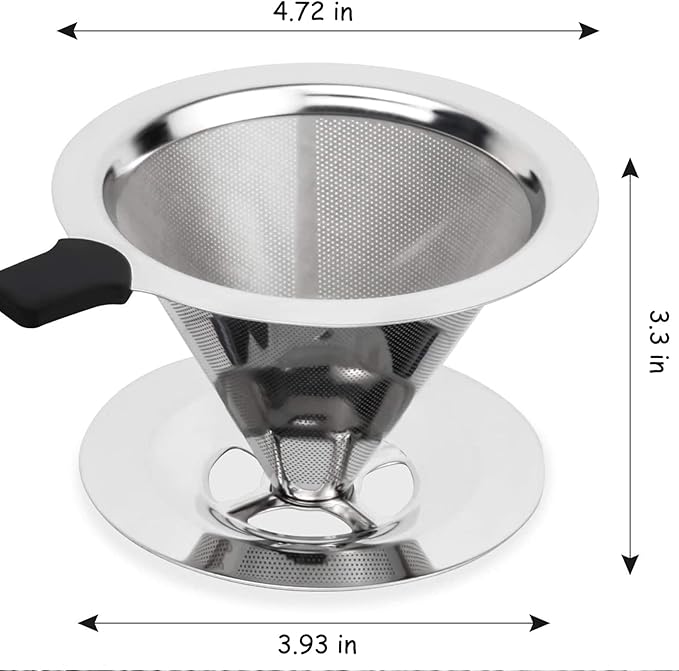 Slow Drip Paperless Coffee Filter, Pour Over Coffee Dripper, Reusable Pour Over Coffee Maker for Single Cup Brew, Double Mesh Design of Stainless Steel Cone Filter, with Clean Brush (1-4 cups)