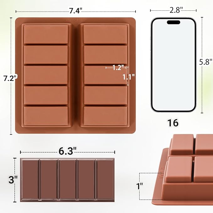 FUNBAKY Dubai Silicone Chocolate Bar Mold - 1-Inch Deep Cavities, Large Thick Candy Bar Mold, Ideal for Filling Pistachio Chocolate, Includes Scraper, 2 Pack