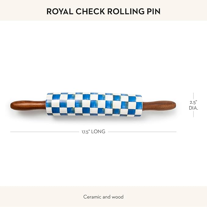 MACKENZIE-CHILDS Rolling Pin, Decorative Roller Pin for Baking, Cute Baking Supplies, Blue-and-White Royal Check