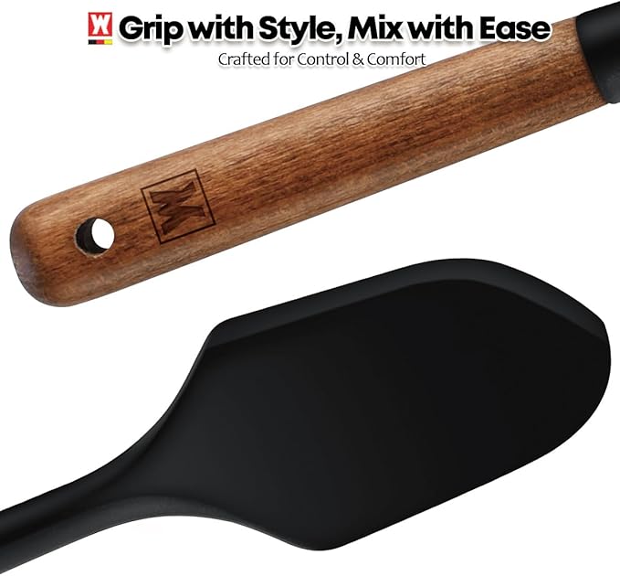 Silicone Head Scraping Spatula with Wooden Handle: Multi-Purpose Cooking Tool for Spreading, Baking and Mixing, Heat Resistant Cookware, Protects Surfaces with Gentle Head Design