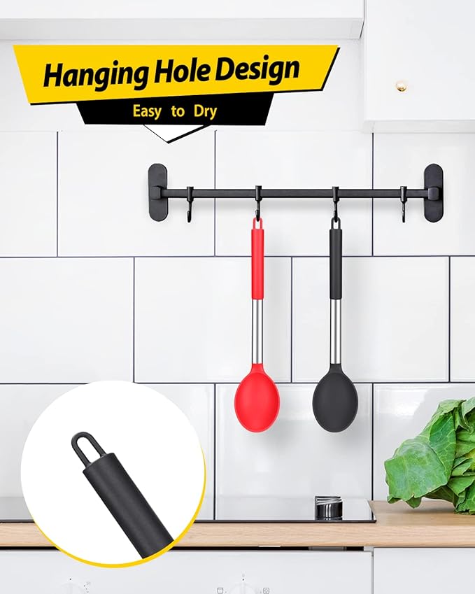 Pack of 2 Large Silicone Cooking Spoon Non Stick Solid Basting Spoons Heat-Resistant Kitchen Utensils for Mixing Serving (Black-Red)
