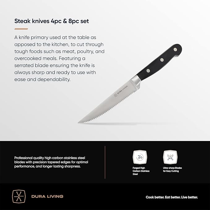 DURA LIVING Premium 8-Piece Steak Knife Set – Sharp Serrated Blades, Forged High Carbon Stainless Steel, Full Tang, Ergonomic Handle, Elegant Black Finish – Ideal for Dining & Entertaining