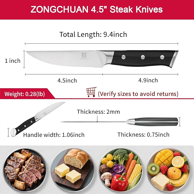 4.5 Inch Steak Knives Set of 8, Micro-Cutting Point Serrated Edge, Very Sharp Steak Knife, Dishwasher Safe, 50CR15MOV Stainless Steel, Handle Ergonomic And Full Tang Design With Gift Box