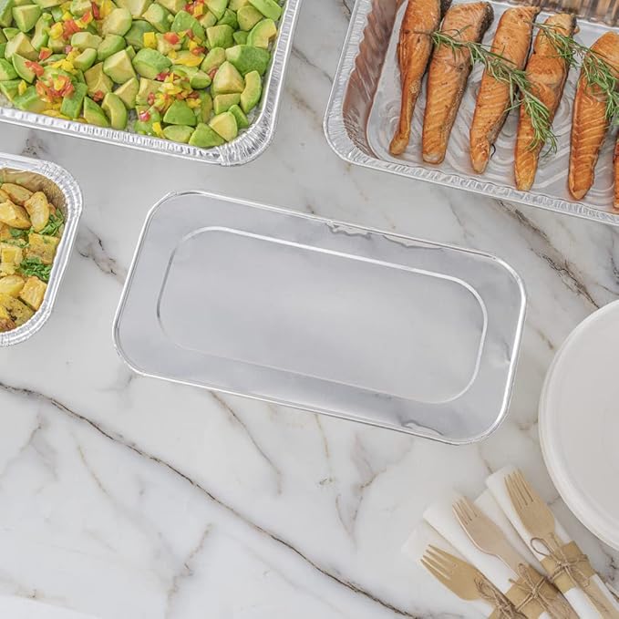 Restaurantware-LIDS ONLY: Foil Lux Foil Pan Lids Pack of 25 Oven-Ready Aluminium Tray Covers - Pans Sold Separately, Fits 1/3 Third-Size Steam Table, Foldable Edges, Freezable, Silver, Disposable