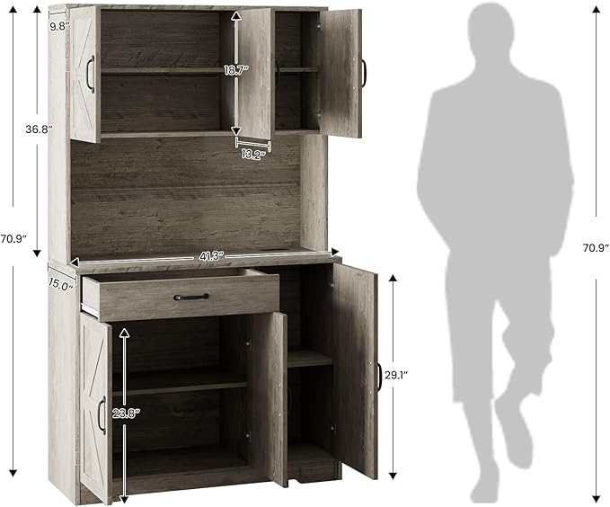 71" Kitchen Pantry Cabinet with Charging Station, Buffet Sideboard for Coffee Maker & Toaster, Storage Cabinet for Snacks, Spices & Wine, Fits Kitchen, Dining Room & Coffee Bar，Grey