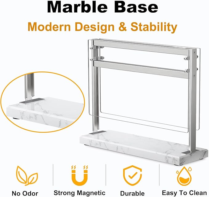 Acrylic Shield Magnetic Knife Block Holder - Marble Base Magnetic Knife Stand for Counter Top -Double Sided Magnetic Knife Holder -Stainless Steel Kitchen Knife Block without Knives -White