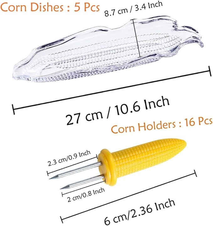 Stainless Steel Corn Holders - 16 Pack with 5 Pack Dish Set, Transparent Corn Trays