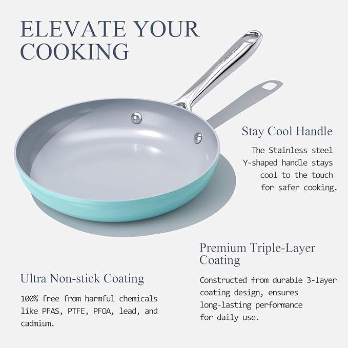 Nonstick Ceramic Frying Pan 8" for All Stovetops, PTFE/PFOA/PFAS Free, Even Heat Distribution Oven Safe up to 500°F, Healthy Non Toxic Skillet w/ Ergonomic Stainless Steel Handle, Caribbean Blue
