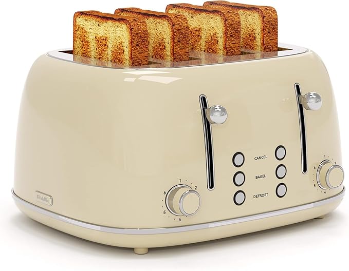 Toaster 4 Slice, Retro Stainless with 6 Bread Shade Settings,1.5''Wide Slots Toaster with Cancel/Defrost/Reheat Functions,Dual Independent Control Panel, Removal Crumb Tray (Cream)