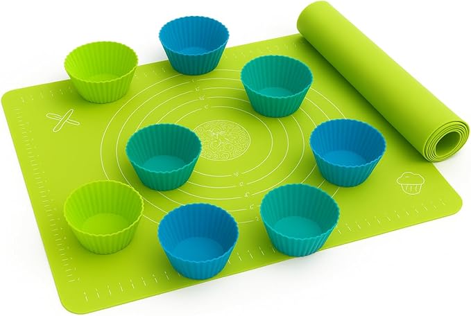 Silicone Baking Set with Silicone Baking Mat (12” x 16”) and 10 Standard Cupcake Liners (2.7” Reusable Muffin Cups) – Nonstick Pastry Mat for Rolling Dough, Oven Safe, BPA Free, Easy to Clean