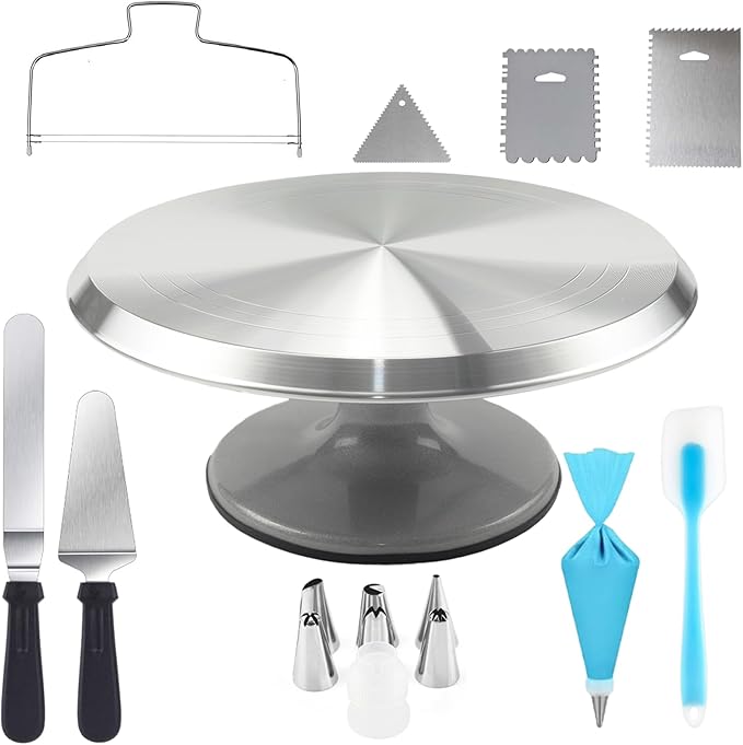 Cake Decorating Supplies Kit with 12 Inch Aluminum Rotating Cake Turntable, Offset Spatula, Cake Server, Stainless Steel Frosting Icing Smoother, Pastry Bags and Other Baking Tools（16Pcs）