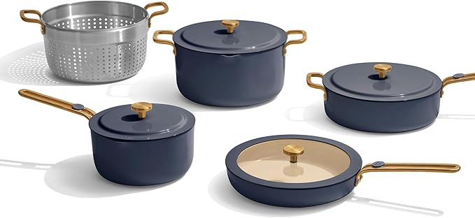 Our Place 11-Piece Essentials Complete Cookware Set - Ceramic Fry Pan, Saucepan, Sauté Pan, Stock Pot, Strainer Basket & Rack Storage | Thermakind™ Nonstick, Oven Safe up to 450°F | Blue Salt