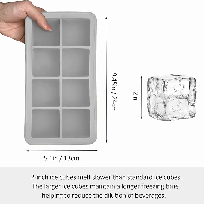 2 Pack Silicone 2 Inch Large Ice Cube Molds for Cocktails Wine Fruit and Bourbon Whiskey Easy Release Ice Cube Tray with Lid Ideal for Cold Drinks and Entertaining Gatherings (Grey)