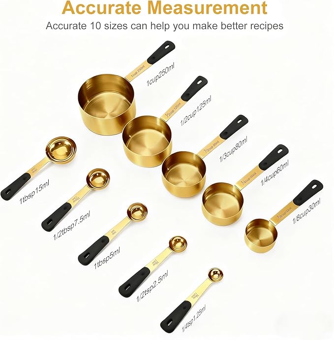 Measuring Cups and Spoons Set, R Gold Plated Stainless Steel 10 Piece for Cooking and Baking (5 Cups + 5 Spoons Gold)