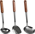 FJNATINH Stainless Steel Wok Spatula,Ladle,Skimmer Ladle Tool Set,Mirror Polished Cooking Utensils with Wooden Handle,Easy to Clean Wok Accessories,Black 3 PCS