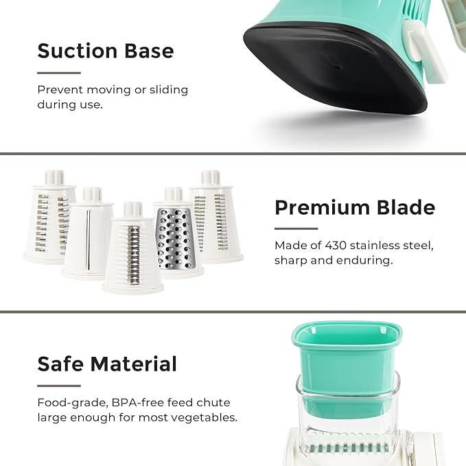 X Home 5-in-1 Rotary Cheese Grater for Kitchen, Upgraded Hand Crank Shredder with Stronger Suction Base & Multifunctional Drum Blades, for Cheese, Vegetables and Nuts, Easy to Use and Clean, Blue