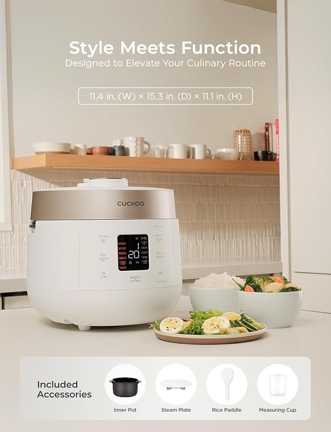 CUCKOO Twin Pressure Rice Cooker 10-Cup Uncooked / 20-Cup Cooked with Nonstick Inner Pot, Large Rice Maker & Warmer with 16 Menu Options, Open Cooking Mode, Voice Guide, White (CRP-ST1009FW)