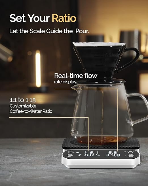 Maestri House S3 Coffee Scale with Timer, 3kg/0.1g Rechargeable Digital Scale, 3 Brew Modes, Adjustable Ratios & Flow Rate Display, Barista-Grade for Pour-Over, Espresso, French Press –White