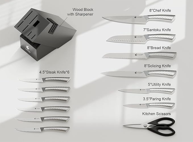 Livtek Knife Set with Block - Kitchen Knife Set German High-Carbon Stainless Steel with Built-in Sharpener - Full Tang Ergonomic Handle - Anti-Rust & Ultra Sharp - 15-Piece Set, Galaxy Series