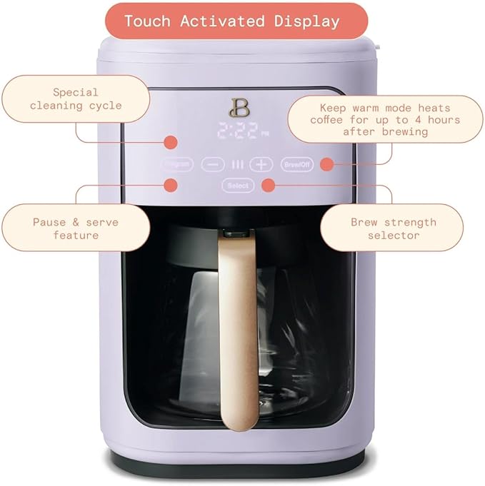 Beautiful 14 Cup Programmable Coffee Maker, Touch Display, 1200W, Brew Strength Control, Keep Warm, Pause & Serve, Glass Carafe, Reusable Filter, Auto Shut-Off, Matte Finish (Lavender)